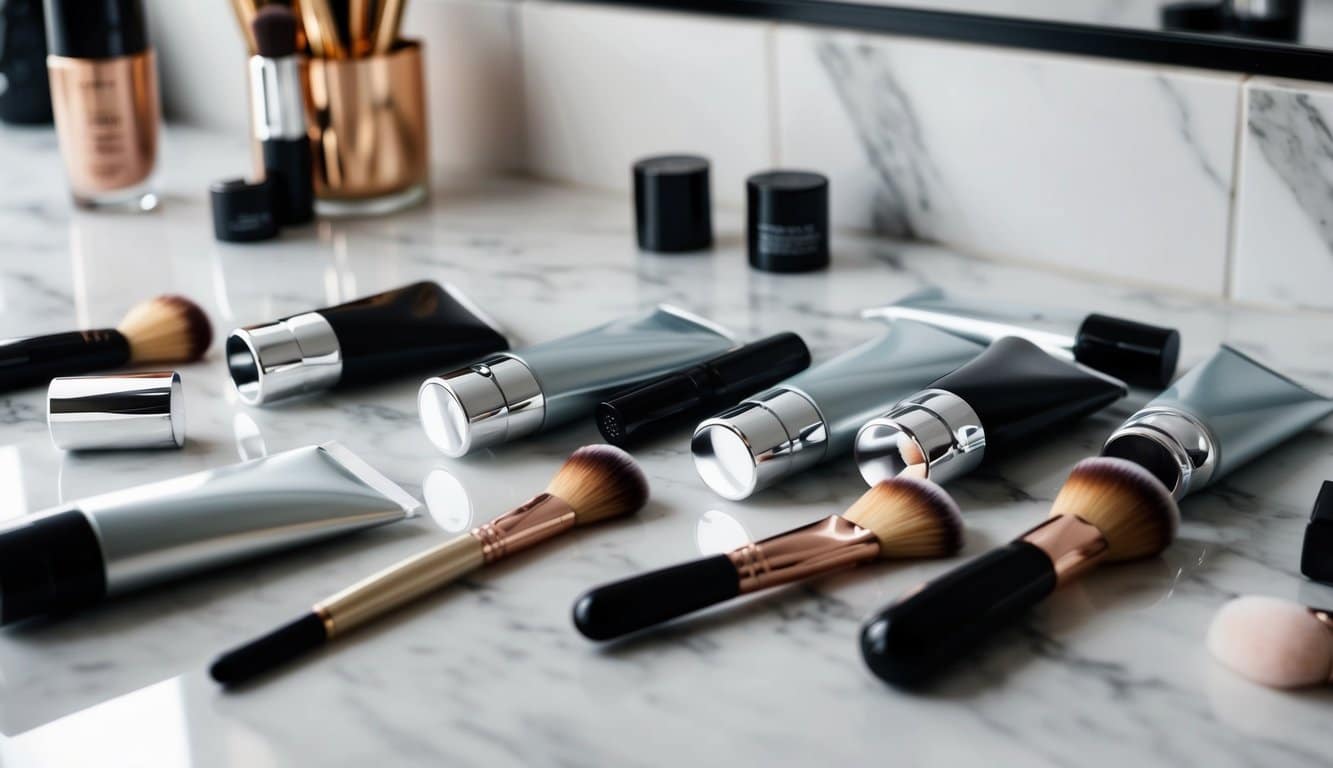 Several empty cosmetic tubes lay on a white marble countertop, surrounded by scattered makeup products and brushes. The tubes are made of sleek, shiny plastic with silver caps