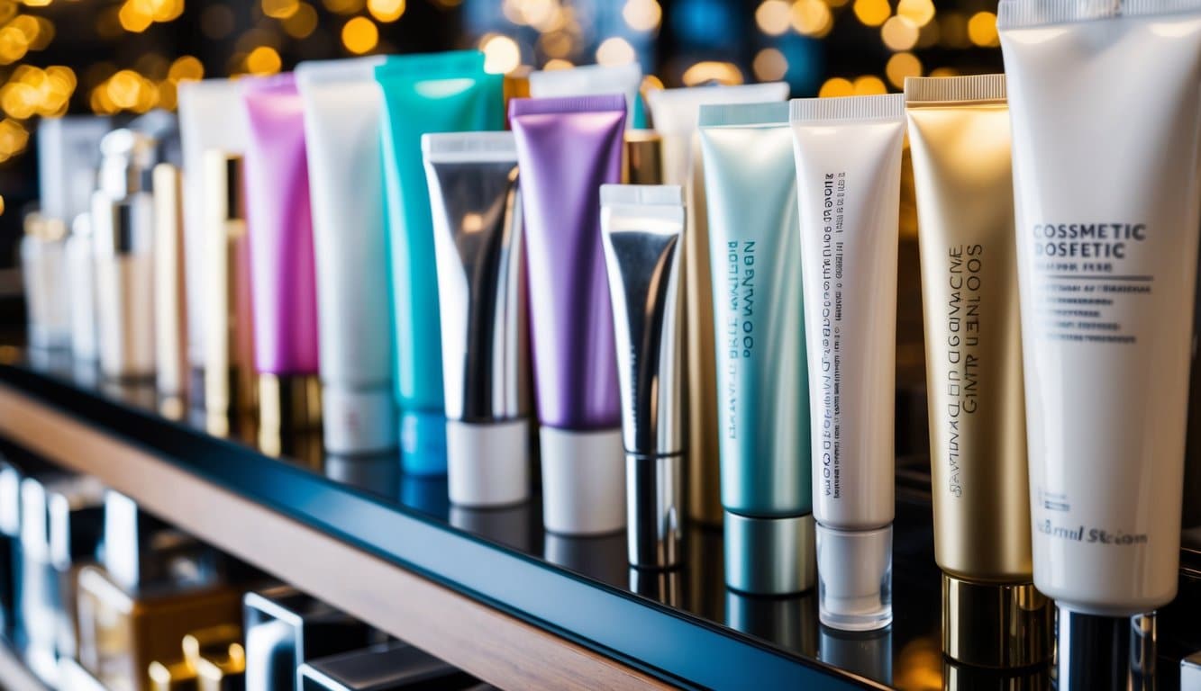 A variety of cosmetic tubes made from plastic, metal, and glass lined up on a display shelf