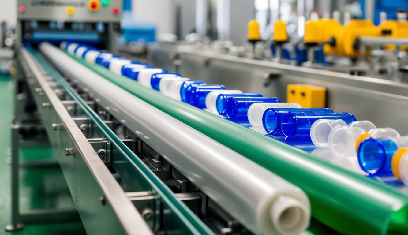 A conveyor belt moves plastic tubes through a production line, where machines fill and seal them before packaging