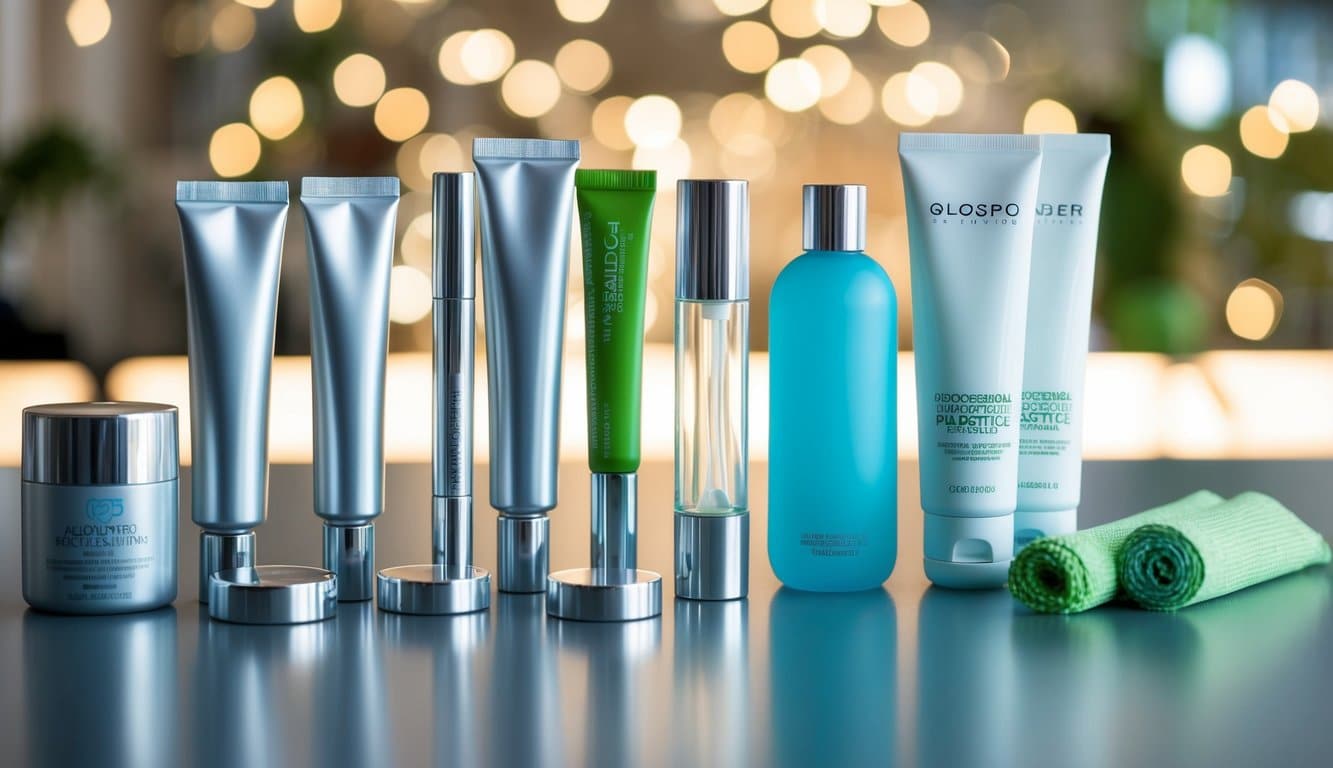 A table with various materials such as aluminum, glass, and biodegradable plastics. Different cosmetic tubes displayed next to each material