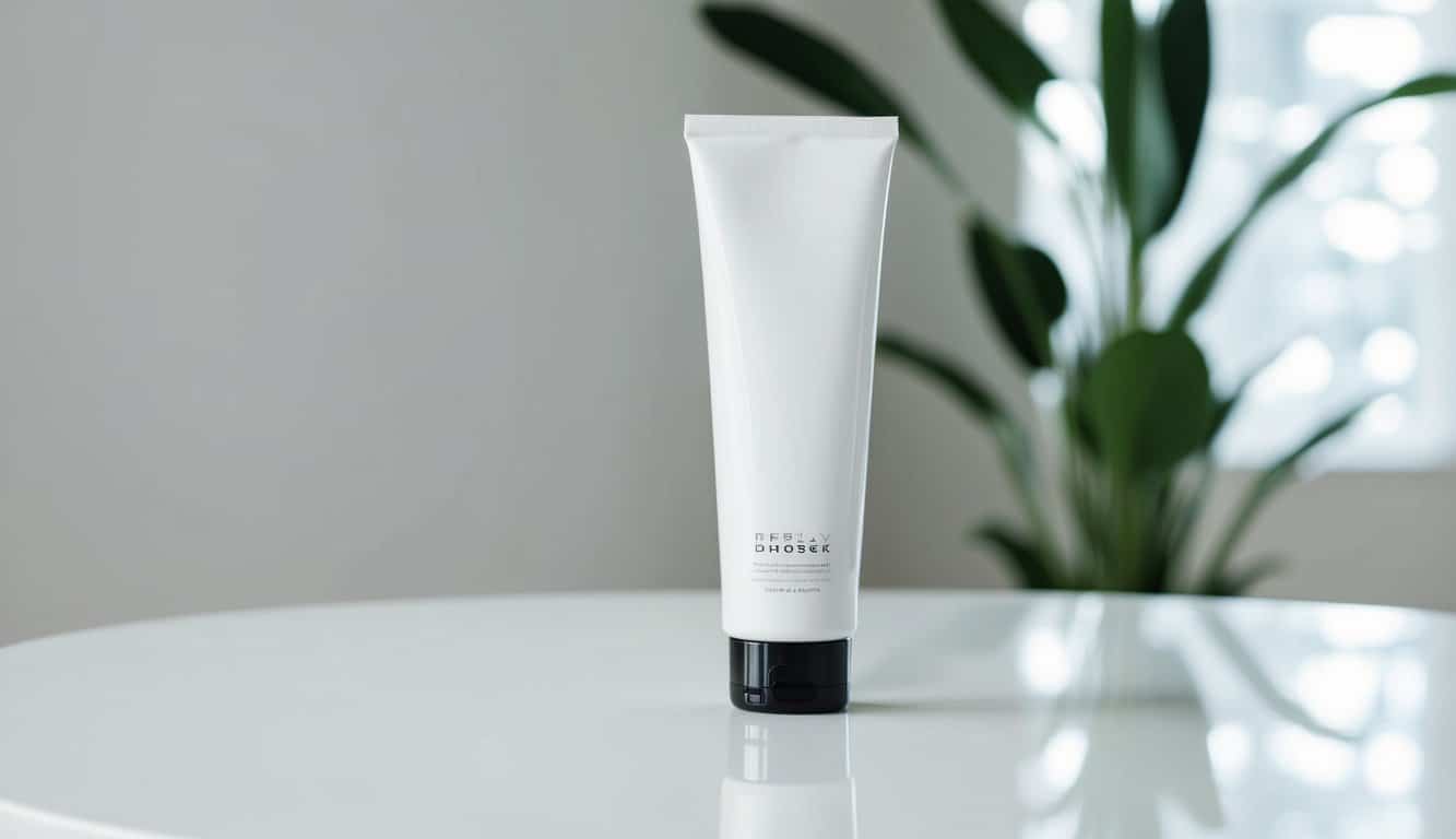 Kemasan tabung berdiri tegak di permukaan putih yang bersih, dengan desain modern yang sederhana dan hasil akhir yang ramping dan mengkilap