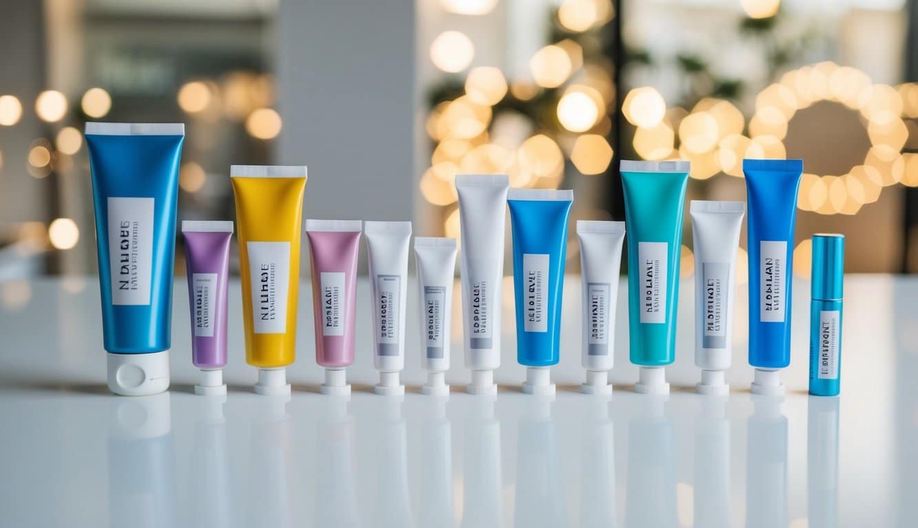 Berbagai kemasan tabung, dalam berbagai ukuran dan warna, disusun dengan rapi di permukaan putih yang bersih
