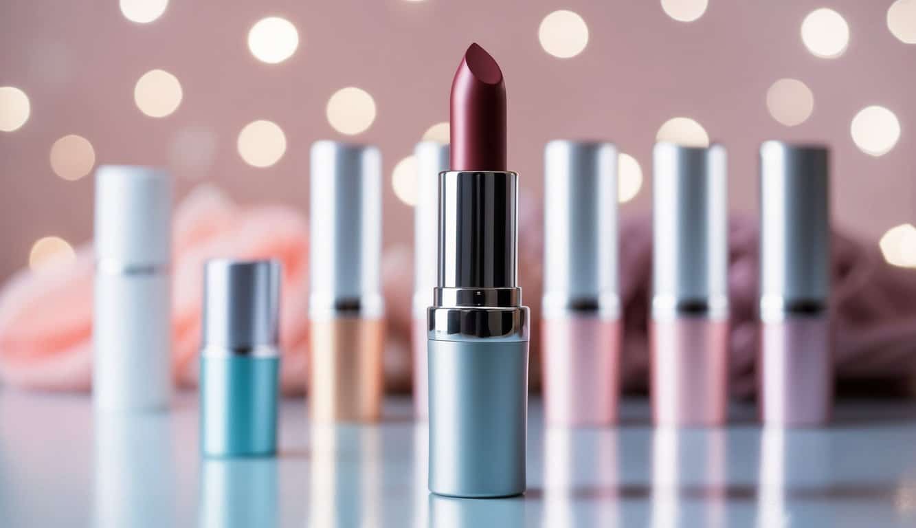 Tabung lipstik modern yang ramping berdiri dengan latar belakang produk kosmetik yang lembut dan berwarna pastel, menyoroti manfaat praktis dan estetika dari pengemasan tabung untuk kosmetik