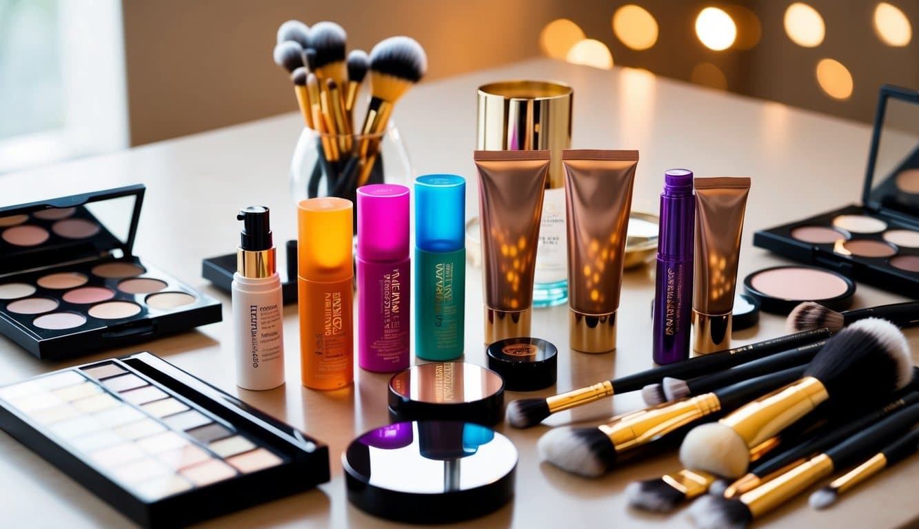 Meja dengan berbagai produk kosmetik dan kemasan tabung berwarna -warni, dikelilingi oleh kuas, palet, dan alat kecantikan lainnya