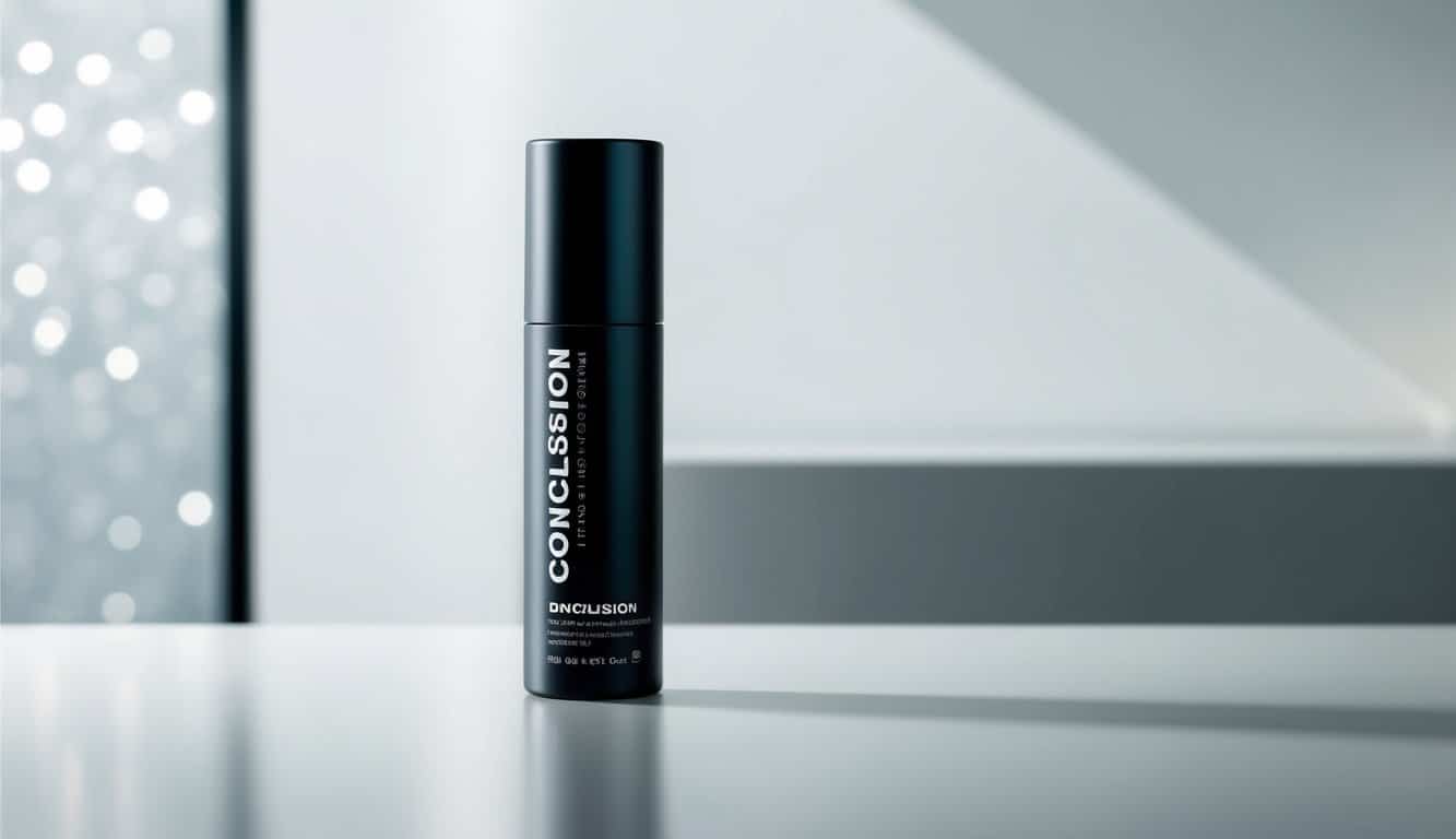 Tabung silinder yang ramping dari kemasan kesimpulan berdiri dengan latar belakang yang bersih dan minimalis, dengan kemilau halus menangkap cahaya