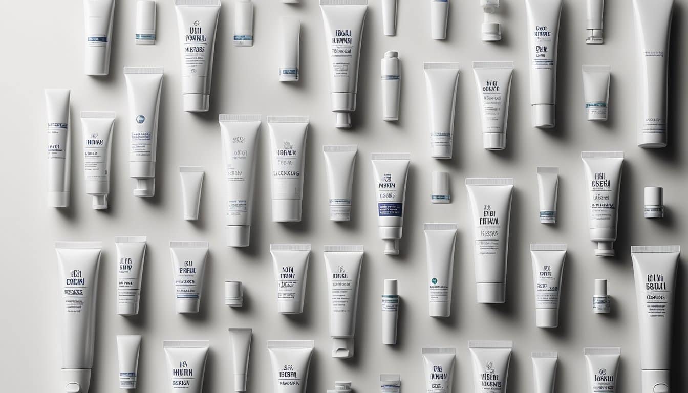 Uma exibição de tubos de creme para as mãos em vários tamanhos organizados em uma fila arrumada em um fundo branco, com os tamanhos mais populares se destacando com destaque