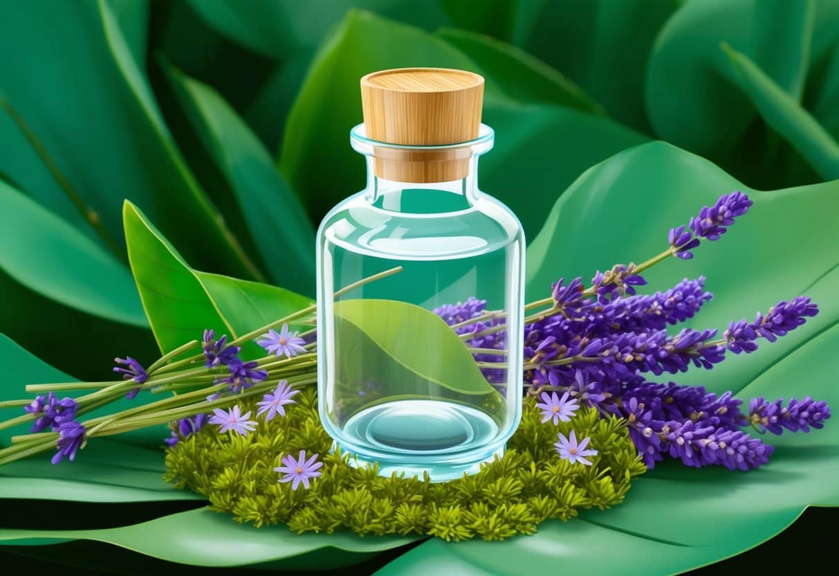 A clear glass bottle with a bamboo cap sits on a bed of green leaves, surrounded by sprigs of lavender and a scattering of wildflowers
