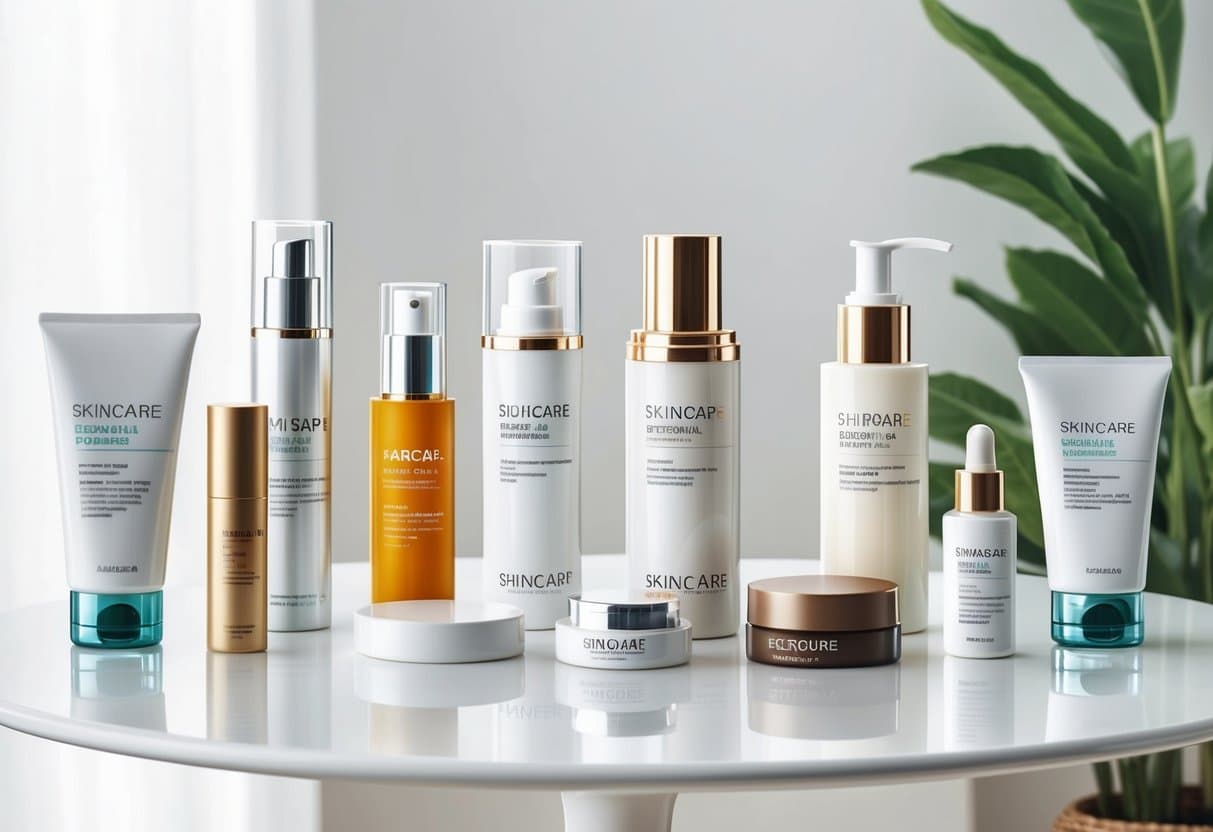 A variety of skincare packaging displayed on a clean, white table with different shapes, sizes, and materials. Labels, caps, and pumps are visible
