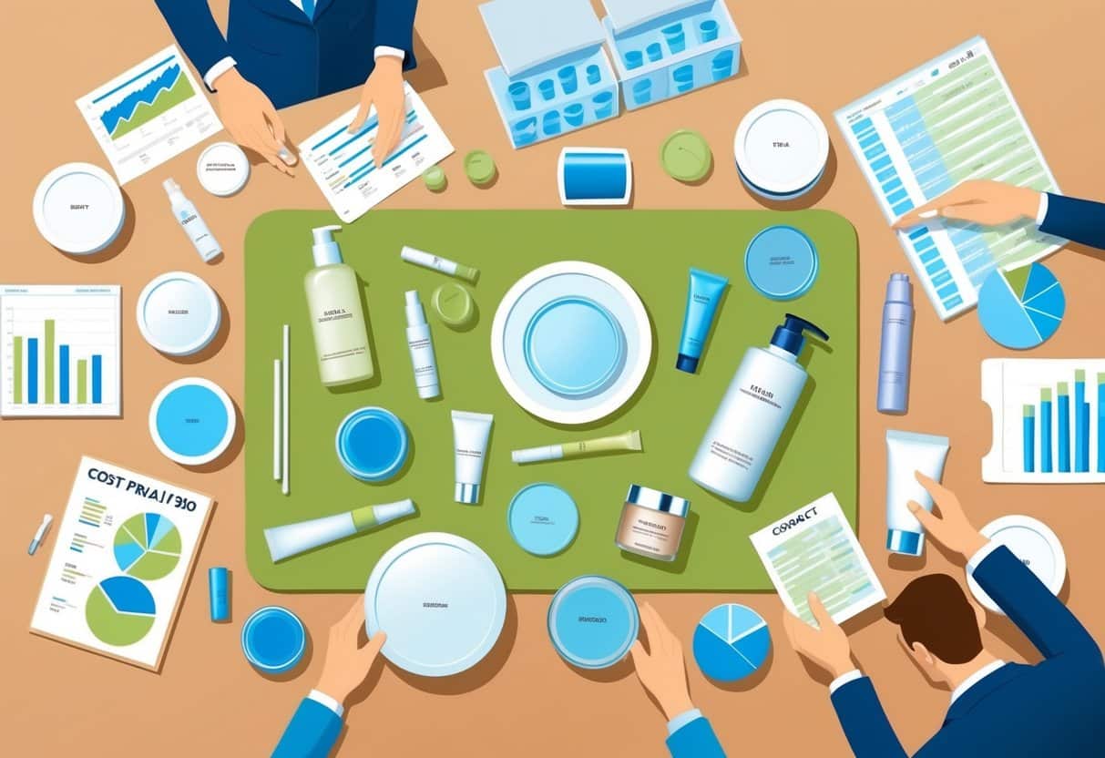 A table with various skincare packaging materials and designs, including bottles, jars, tubes, and boxes, surrounded by cost analysis charts and graphs