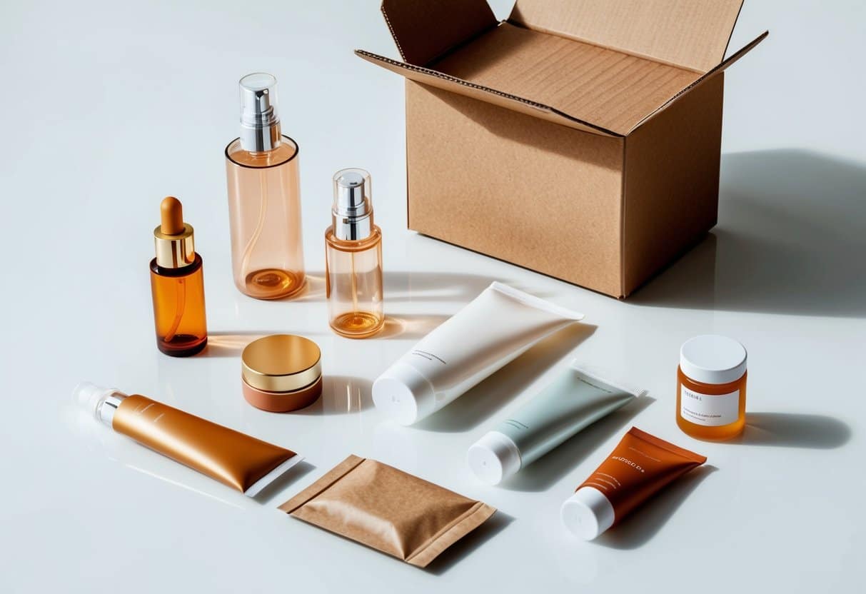 A collection of skincare packaging materials arranged on a clean, white surface, including glass bottles, plastic tubes, and cardboard boxes