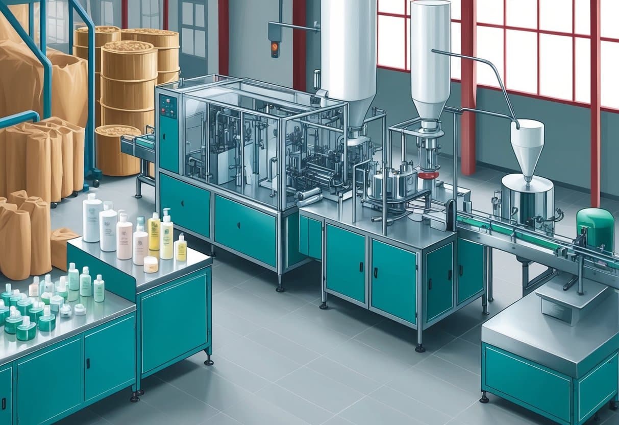 A factory floor with machinery producing skincare packaging. Raw materials and finished products visible
