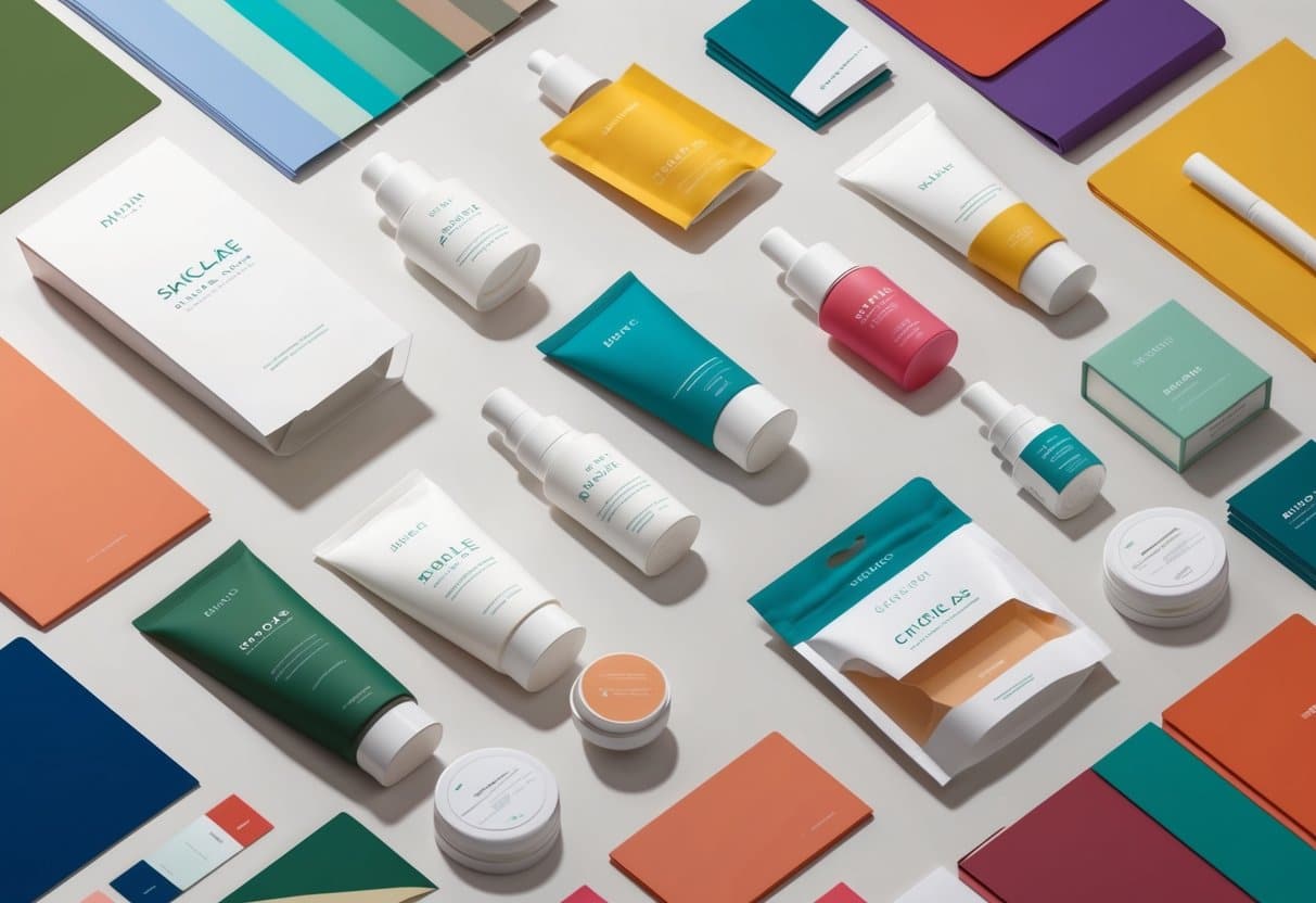 A table with various skincare product packaging options and design materials, surrounded by color swatches and mock-up samples