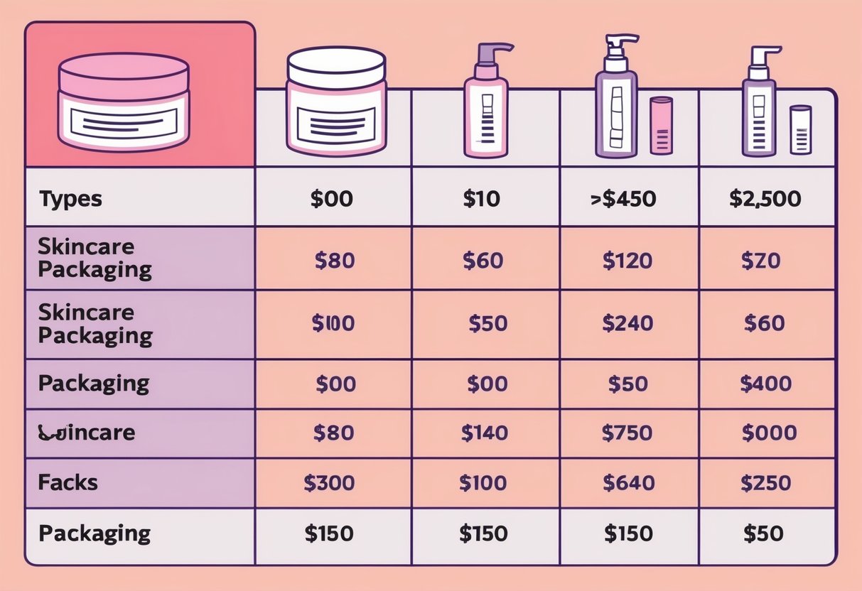 A table with various skincare packaging types and their corresponding costs displayed next to each type