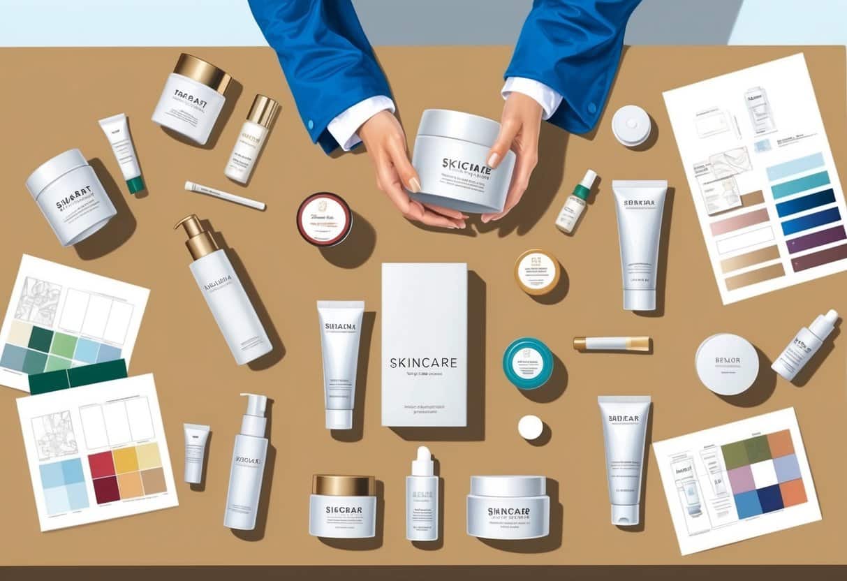 A table with various skincare packaging components and materials, surrounded by design sketches and color swatches