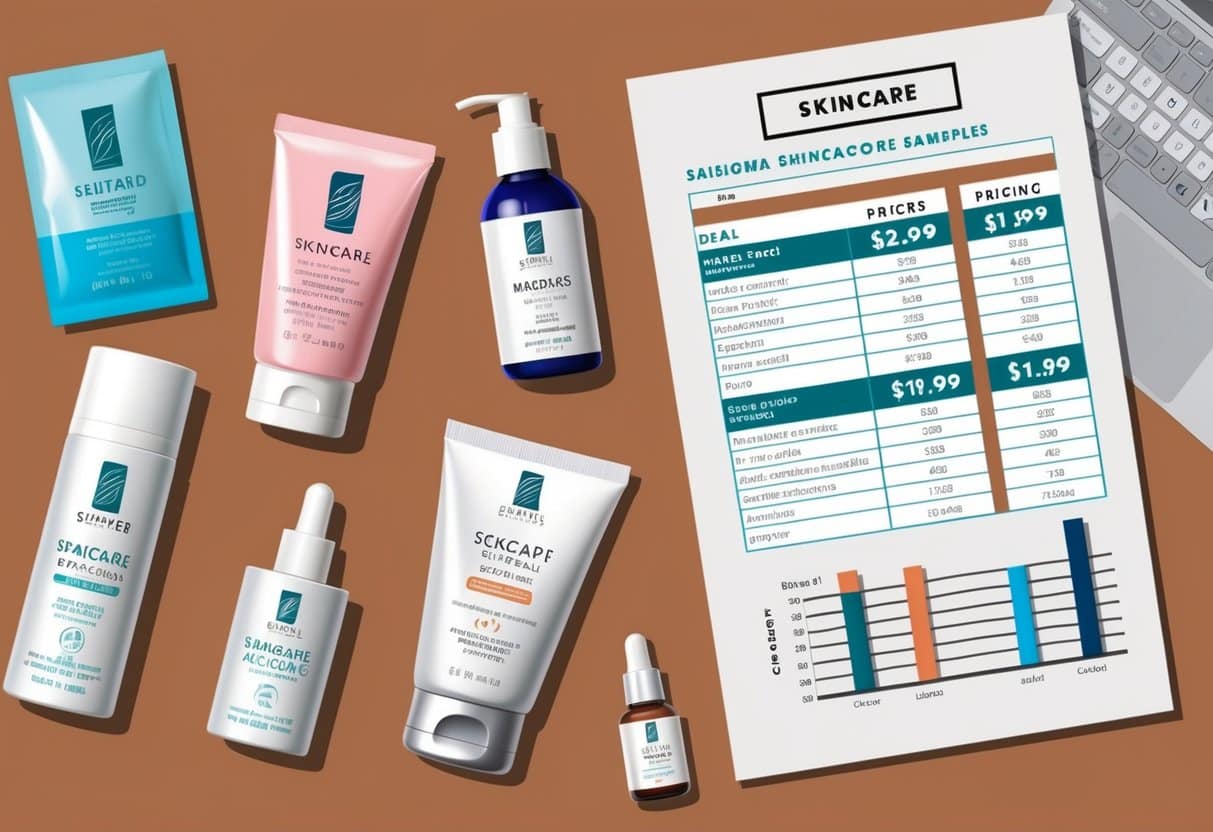 A table with various skincare packaging samples and a spreadsheet showing pricing comparisons