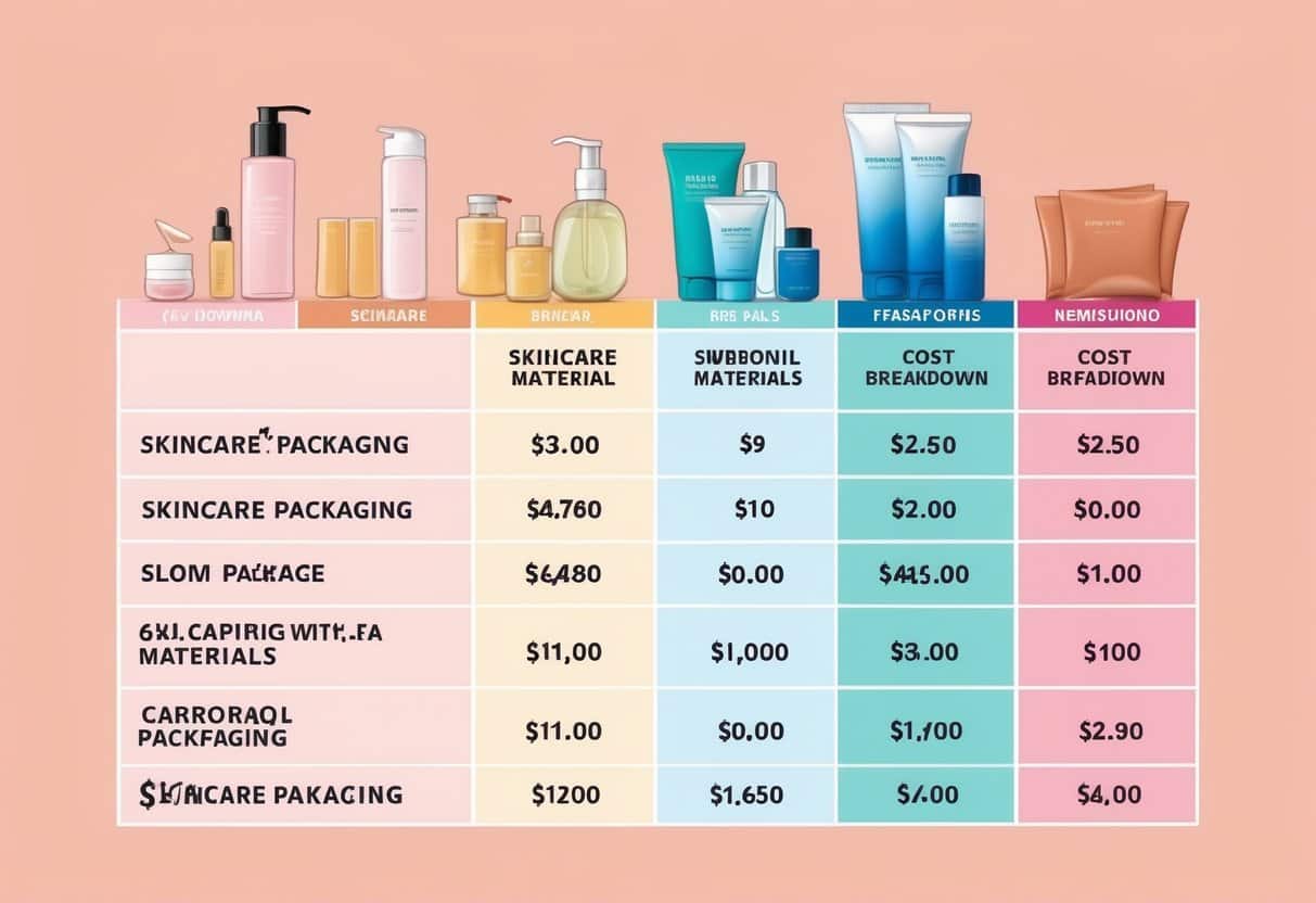A table with various skincare packaging materials and cost breakdowns