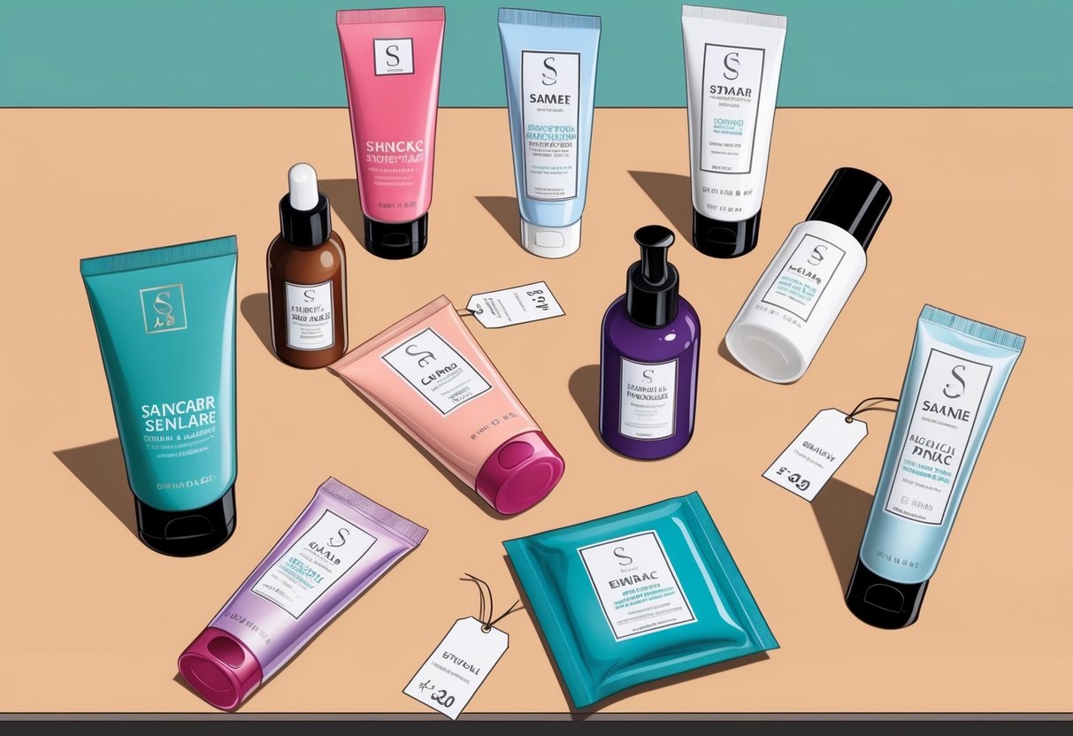 A table with various skincare product packaging samples and price tags