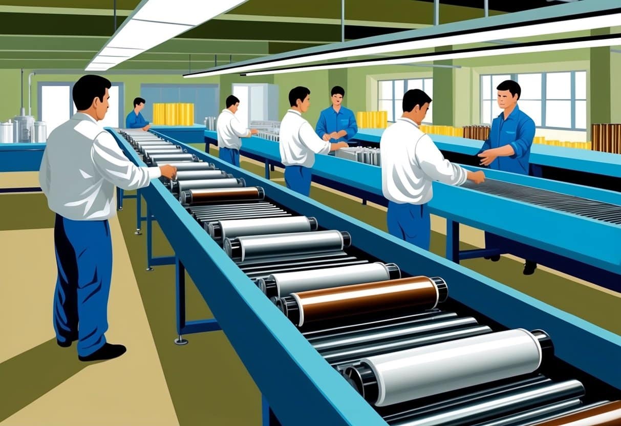 A factory floor with conveyor belts carrying metal and plastic materials for hair color tube manufacturing. Workers oversee the production process