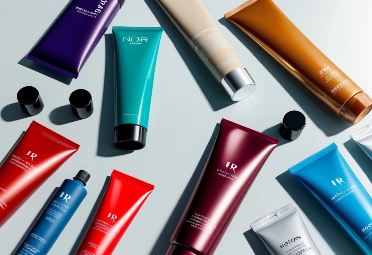 Various hair color tubes in different sizes and materials arranged on a clean, well-lit surface