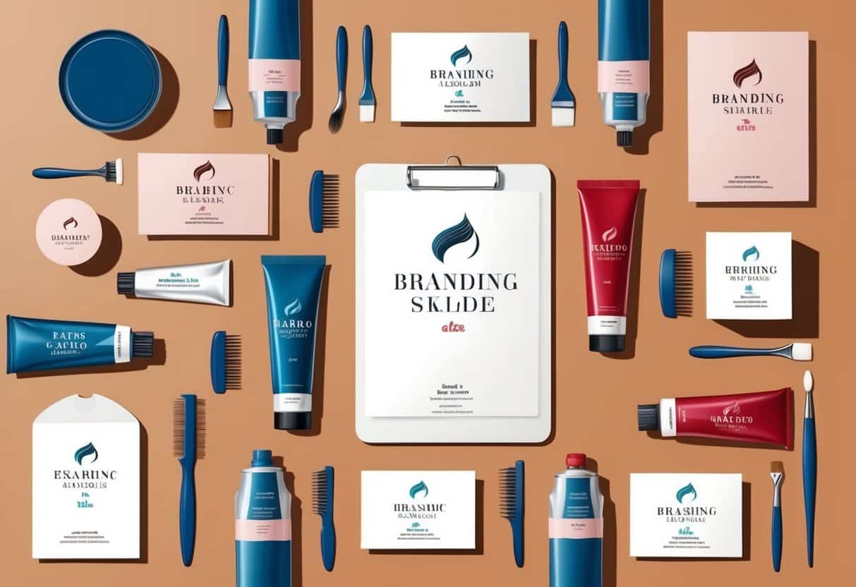 A table with hair color tubes, brushes, and various branding materials arranged for customization