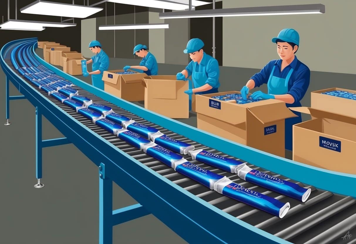 A conveyor belt moves hair color tubes through a factory, with workers packaging and labeling the products for shipment