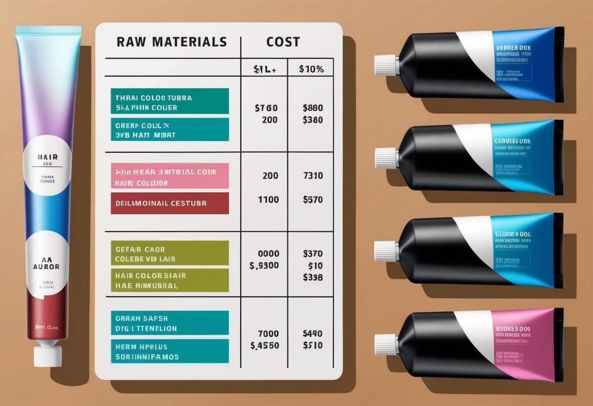 A table with various hair color tubes, alongside raw materials and cost calculations