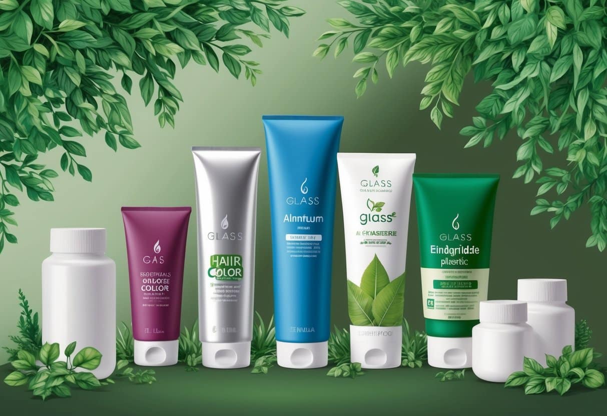 An array of eco-friendly materials for hair color tubes: glass, aluminum, and biodegradable plastic, surrounded by lush greenery