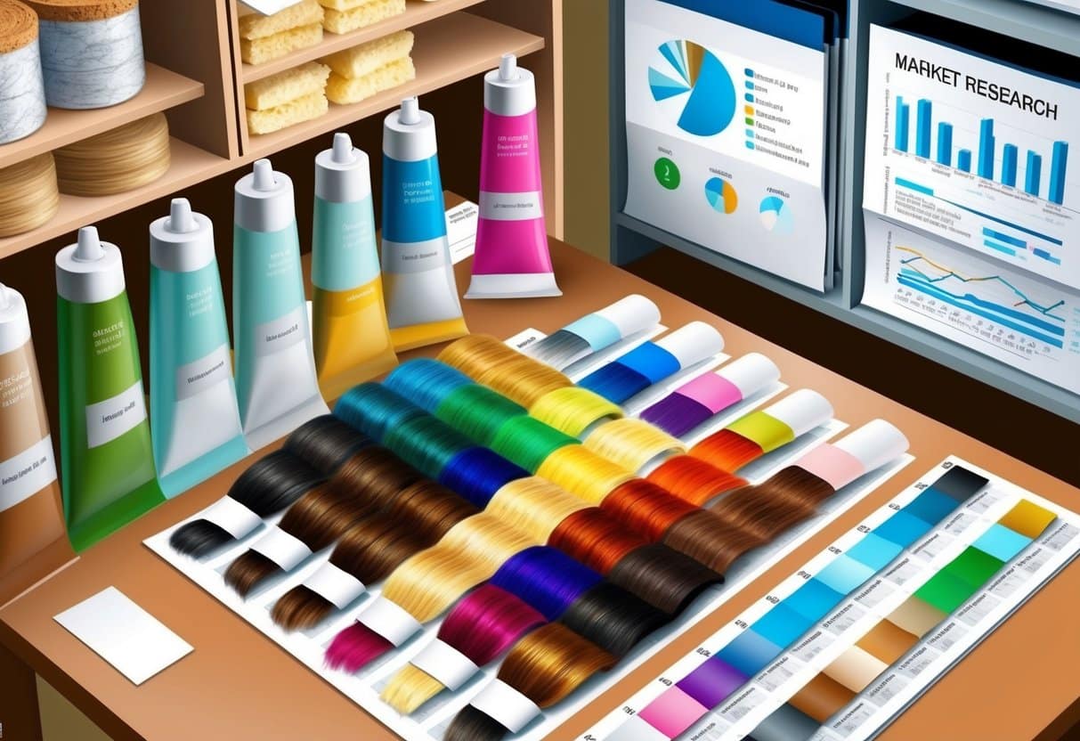 A table with various hair color tubes and swatches, surrounded by shelves of raw materials and market research reports