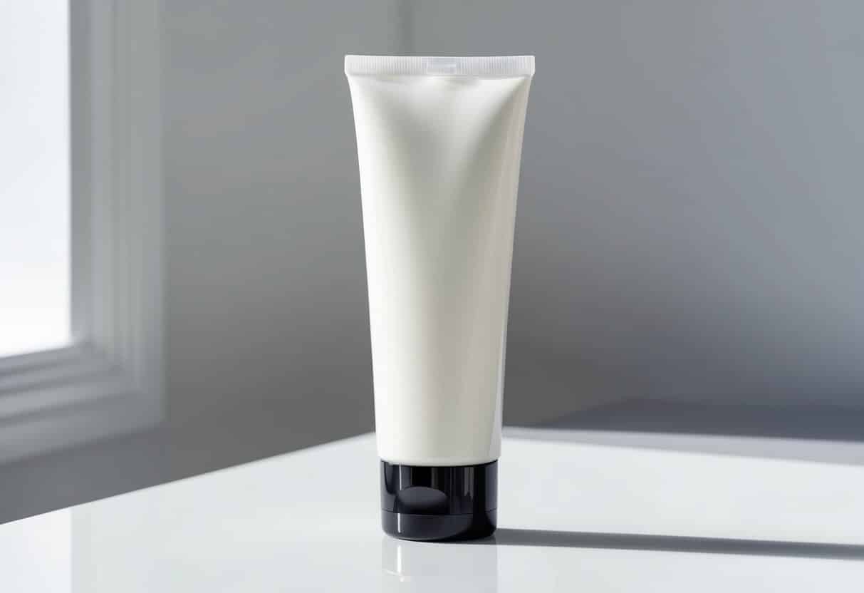 Um tubo de loção feito de plástico, com tampa de rosca, em pé sobre uma superfície branca e limpa