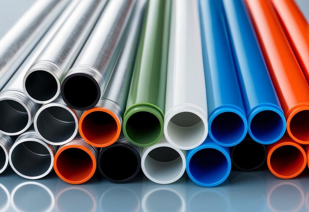 Hliníkové trubky a plastové trubky uspořádané v úhledné řadě, kontrastní barvou a strukturou