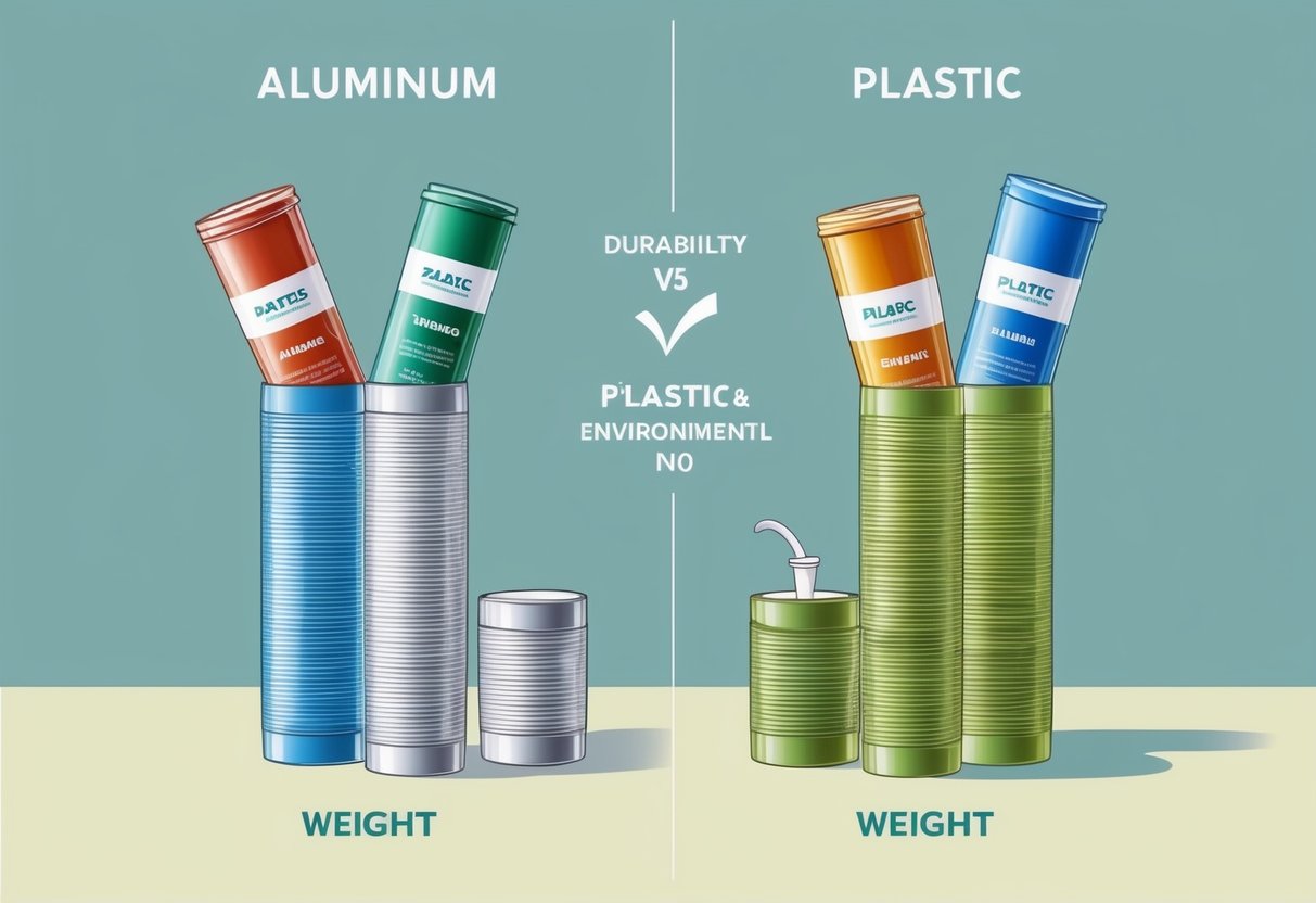 Srovnávací scéna hliníkových a plastových trubek s různými produkty uvnitř, ukazující jejich odolnost, hmotnost a dopad na životní prostředí