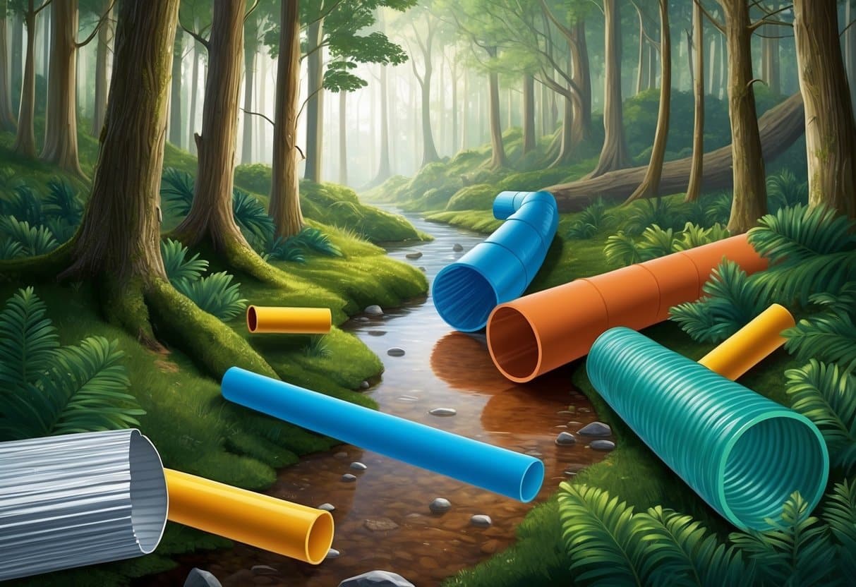 Les s čistým potokem, který ukazuje hliníkové a plastové trubky znečišťující a ovlivňující životní prostředí