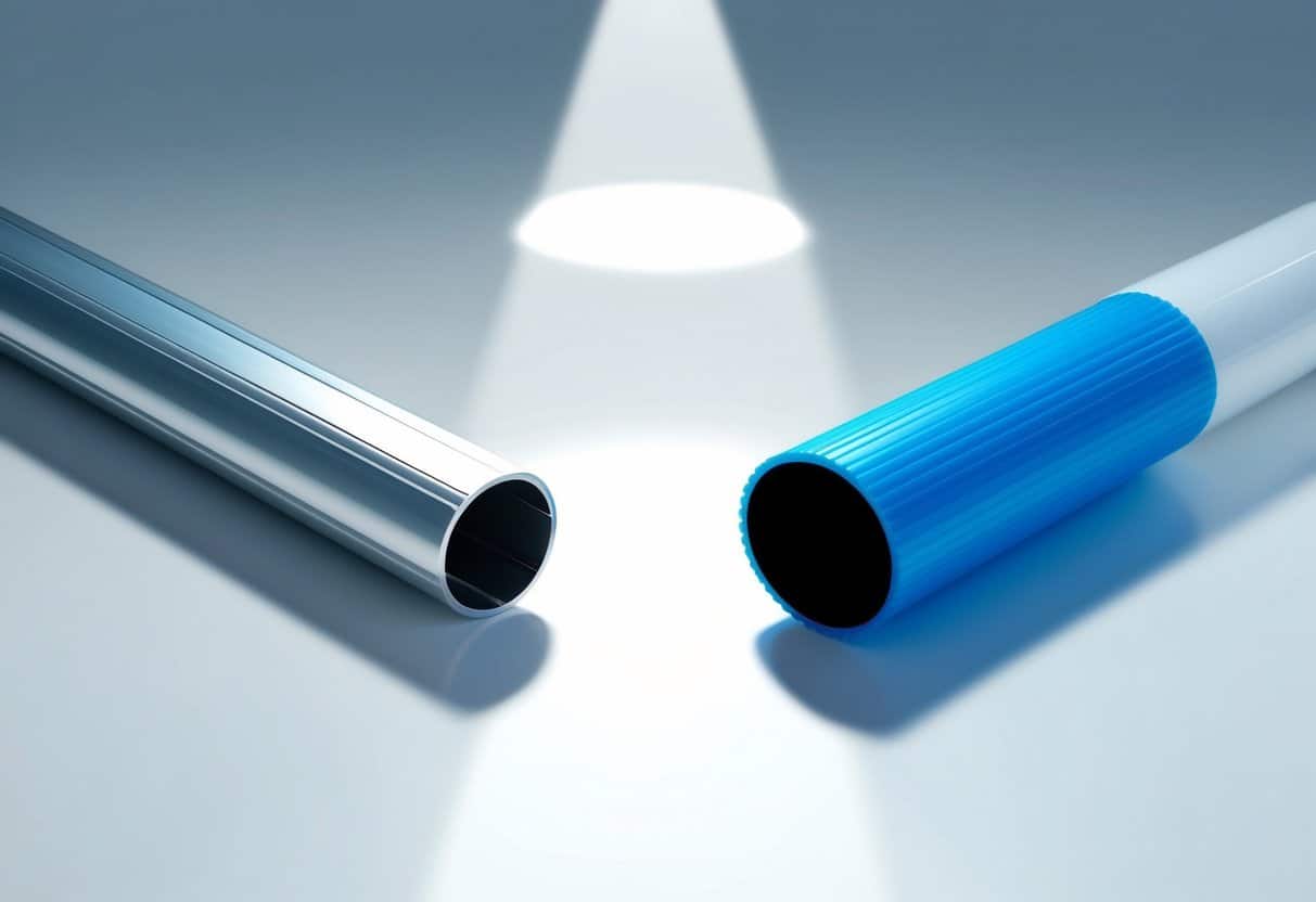 Hliníková trubice a plastová trubice jsou umístěny vedle sebe na čistém bílém povrchu, přičemž na ně svítí bodové světlo, které zvýrazní jejich rozdíly
