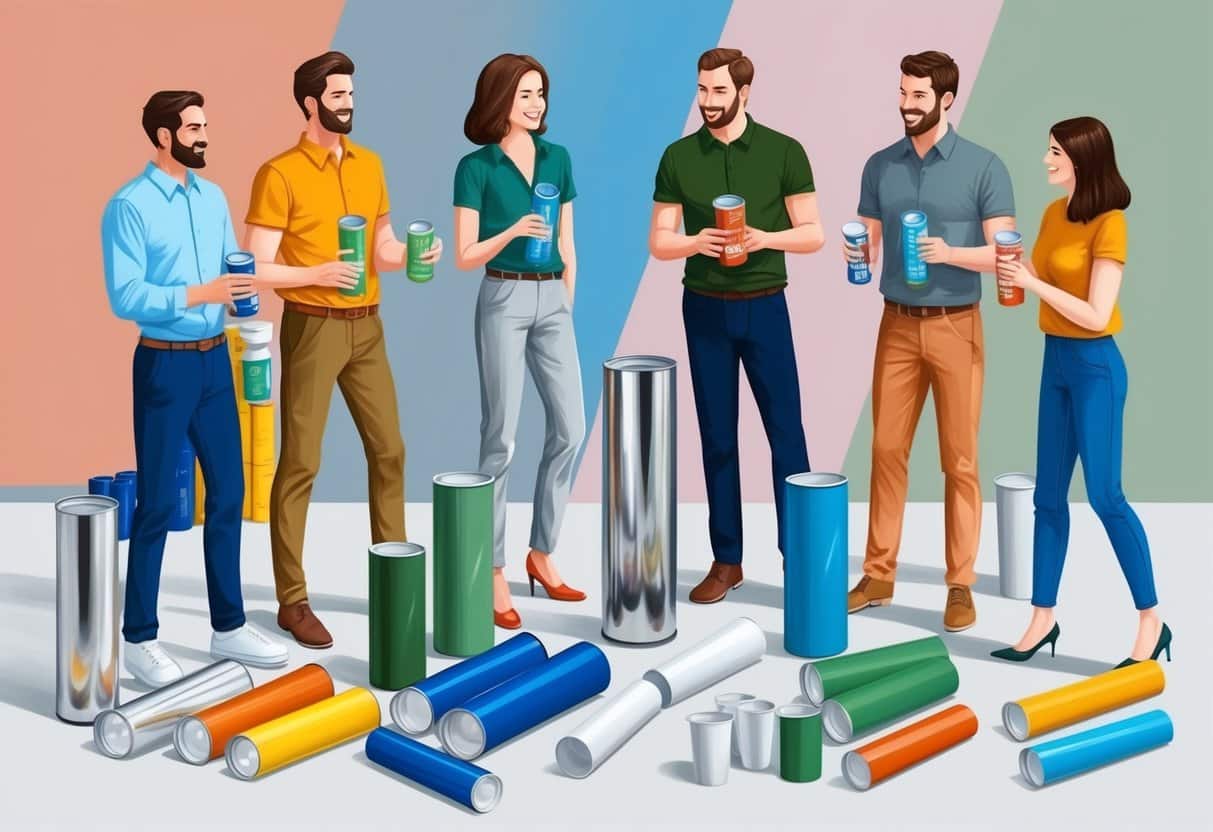 Skupina spotřebitelů porovnávajících hliníkové a plastové tuby, obklopená různými produkty a možnostmi balení