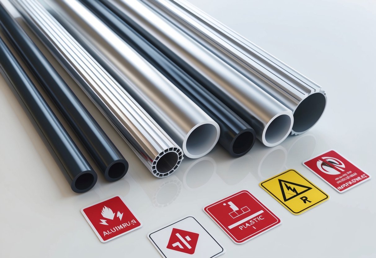 Hliníkové a plastové trubky uspořádané na čistém bílém povrchu s výraznými bezpečnostními symboly a regulačními štítky
