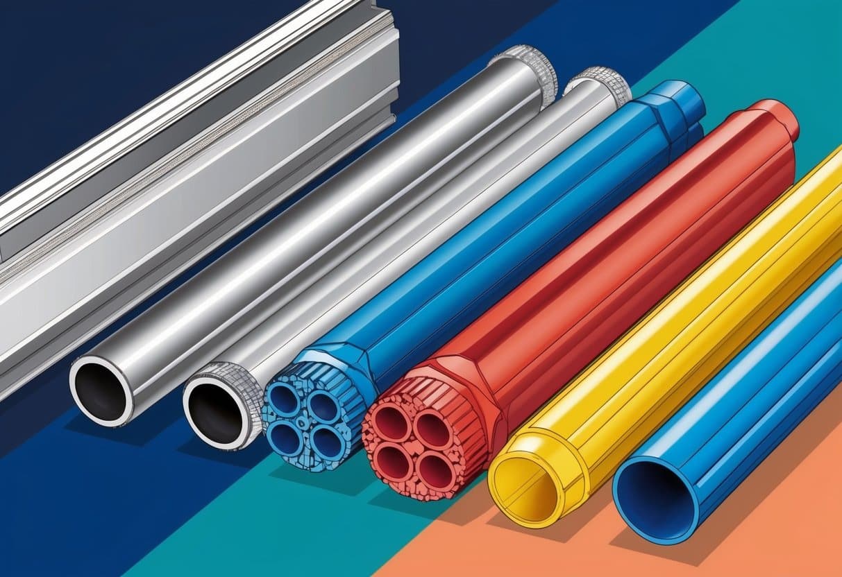 Dvě sady hliníkových a plastových trubek uspořádané ve srovnávacím displeji