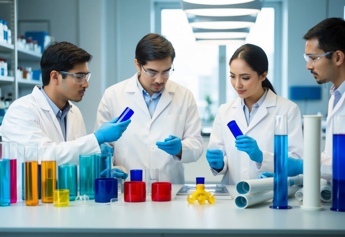 A laboratory setting with various materials such as plastic, glass, and metal tubes displayed on a table. Scientists and manufacturers are discussing and examining the properties of each material