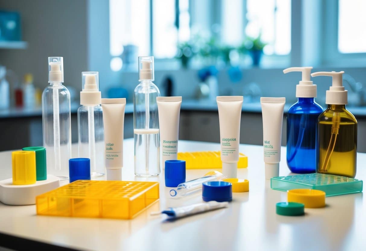 A laboratory table with various materials (plastic, glass, metal) and skincare tubes for testing and comparison