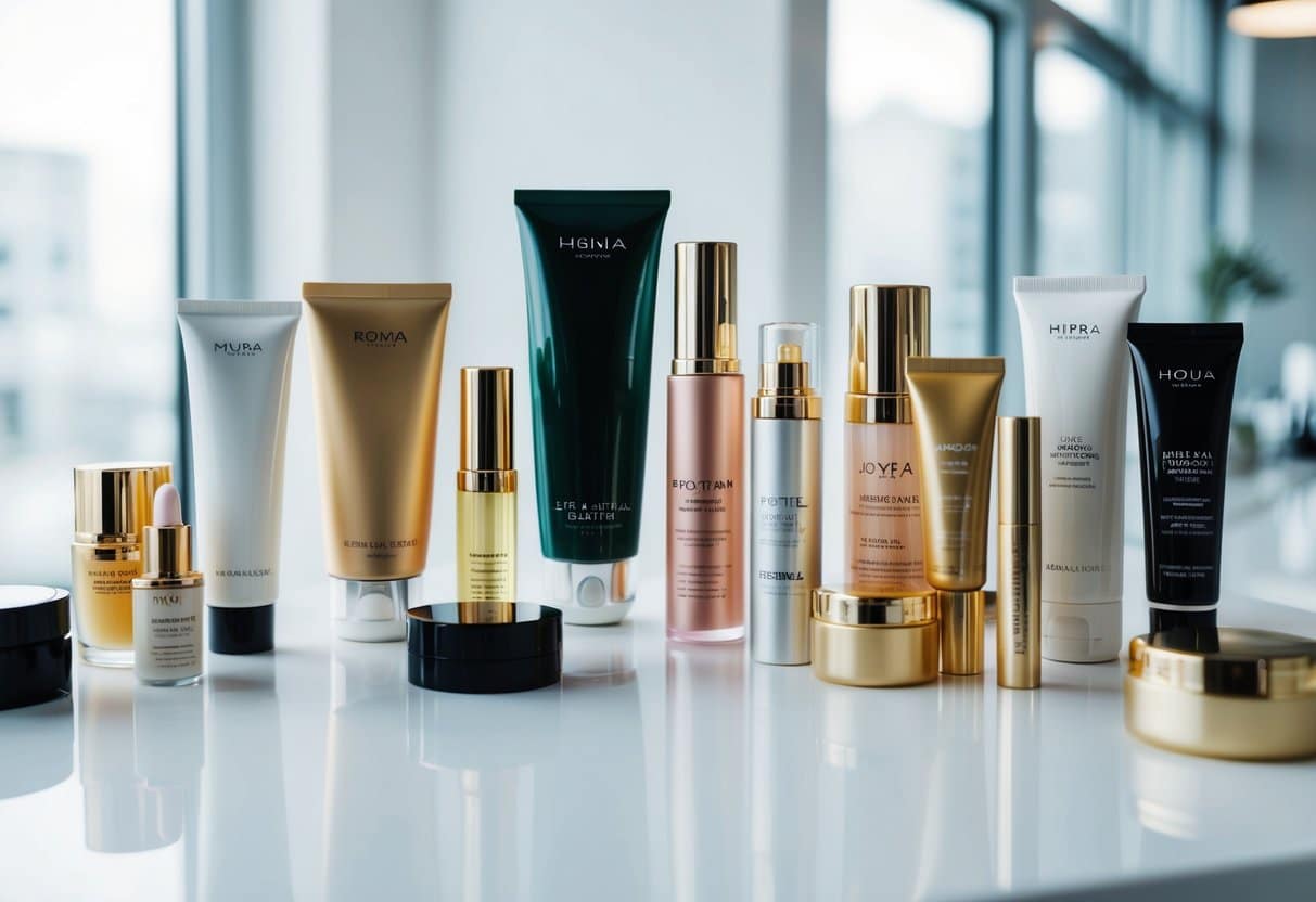 Uma variedade de tubos cosméticos em diferentes tamanhos, formas e materiais exibidos em uma superfície limpa e branca com vários produtos cosméticos próximos