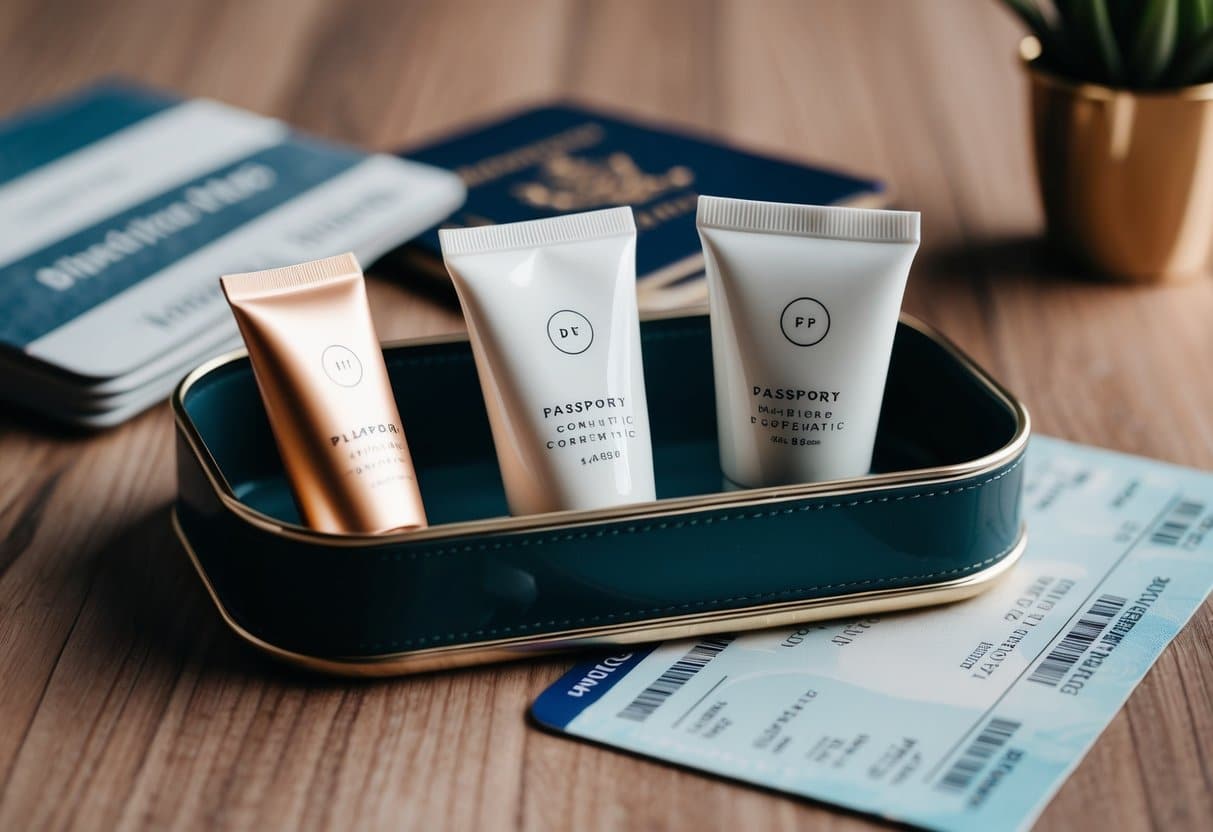 Three travel-sized cosmetic tubes arranged on a compact, organized tray with a passport and boarding pass in the background