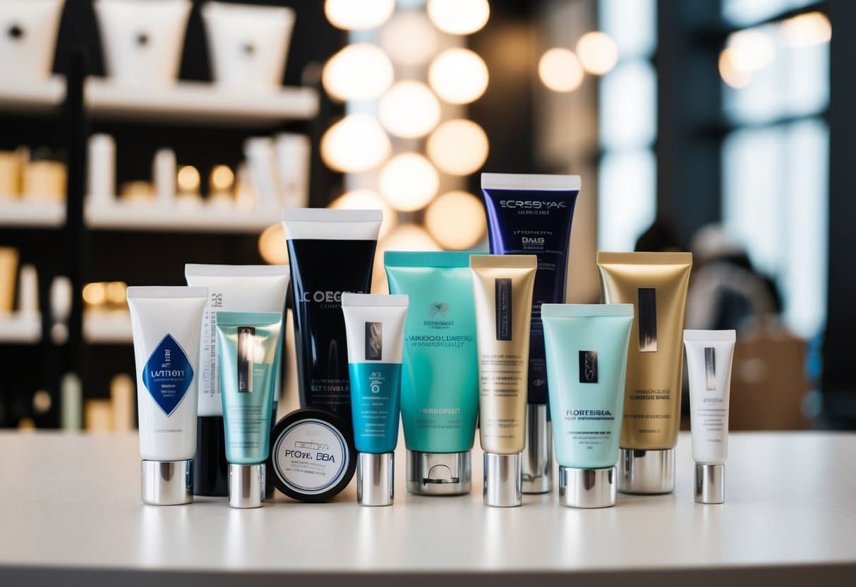 Uma variedade de tubos cosméticos de tamanhos e formas diferentes, empacotados e rotulados com segurança para viagens