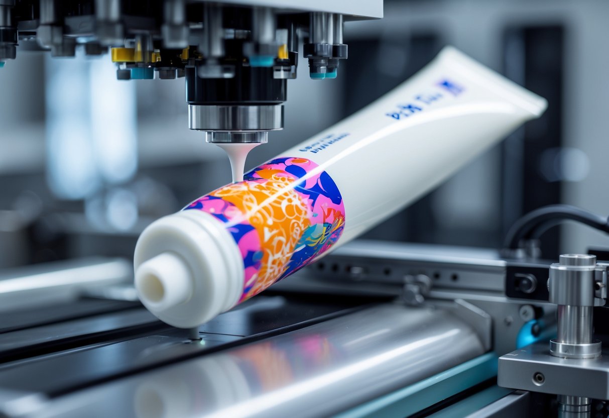 Primer plano de un tubo cosmético impreso por una máquina en un entorno de fabricación.