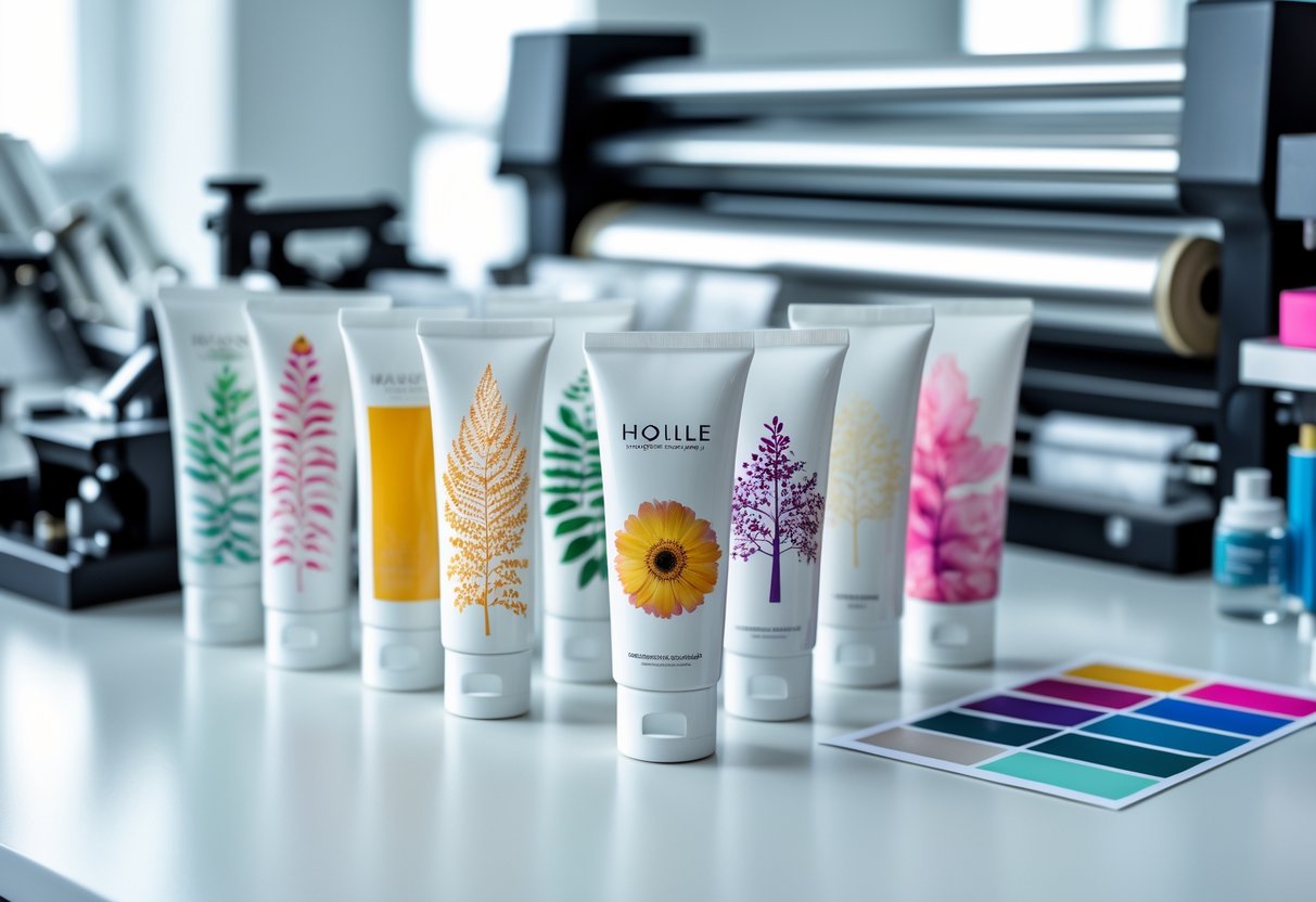 Tubos de cosméticos con diferentes diseños impresos dispuestos sobre una superficie blanca con equipos de impresión al fondo.