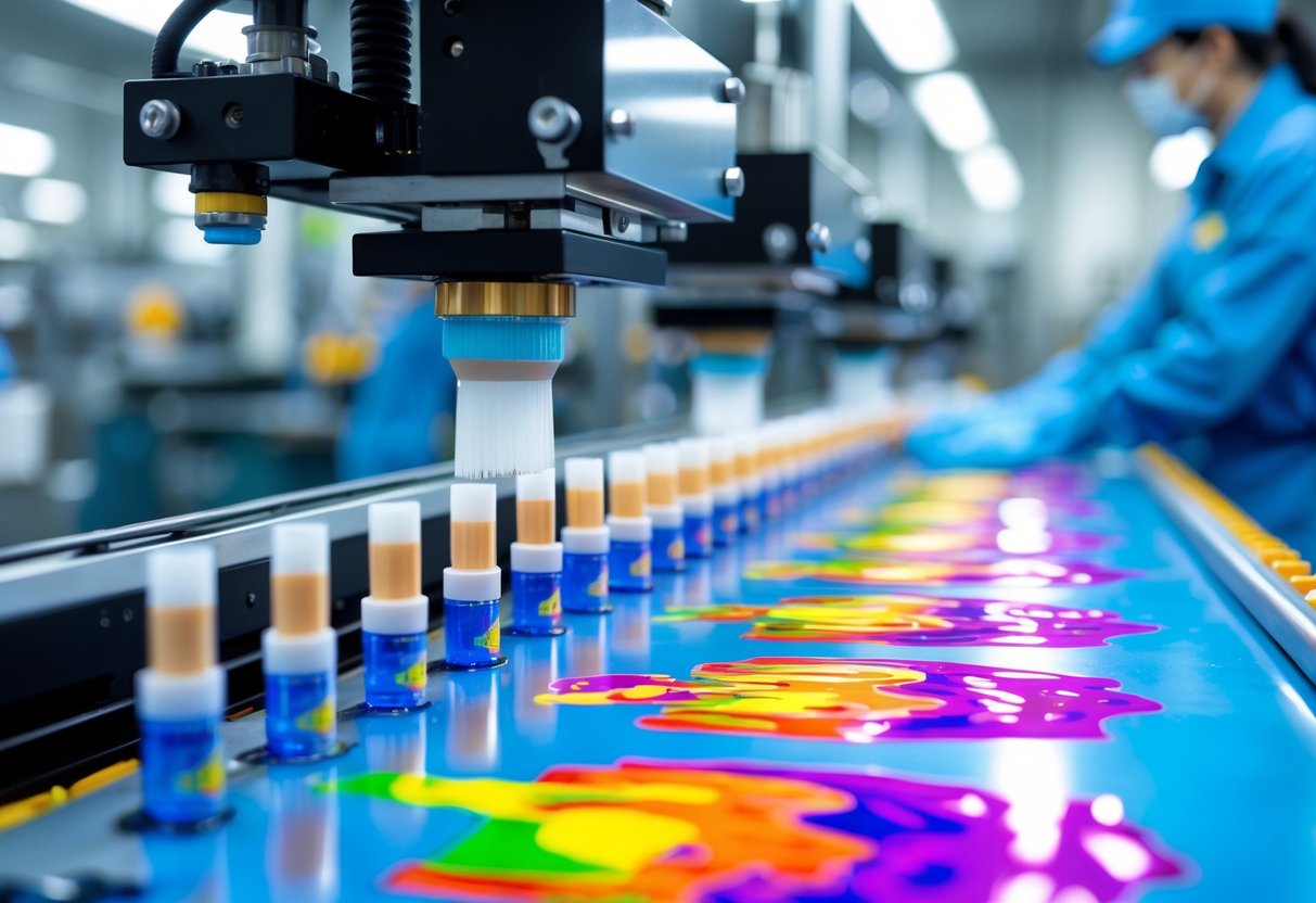 Primer plano de una máquina de serigrafía que aplica diseños coloridos en tubos de cosméticos en un entorno de fabricación limpio.
