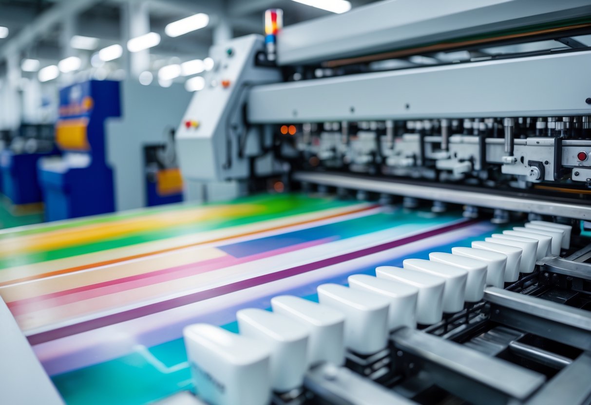Primer plano de tubos cosméticos impresos con colores vibrantes en una máquina de impresión offset en un entorno de fábrica limpio.