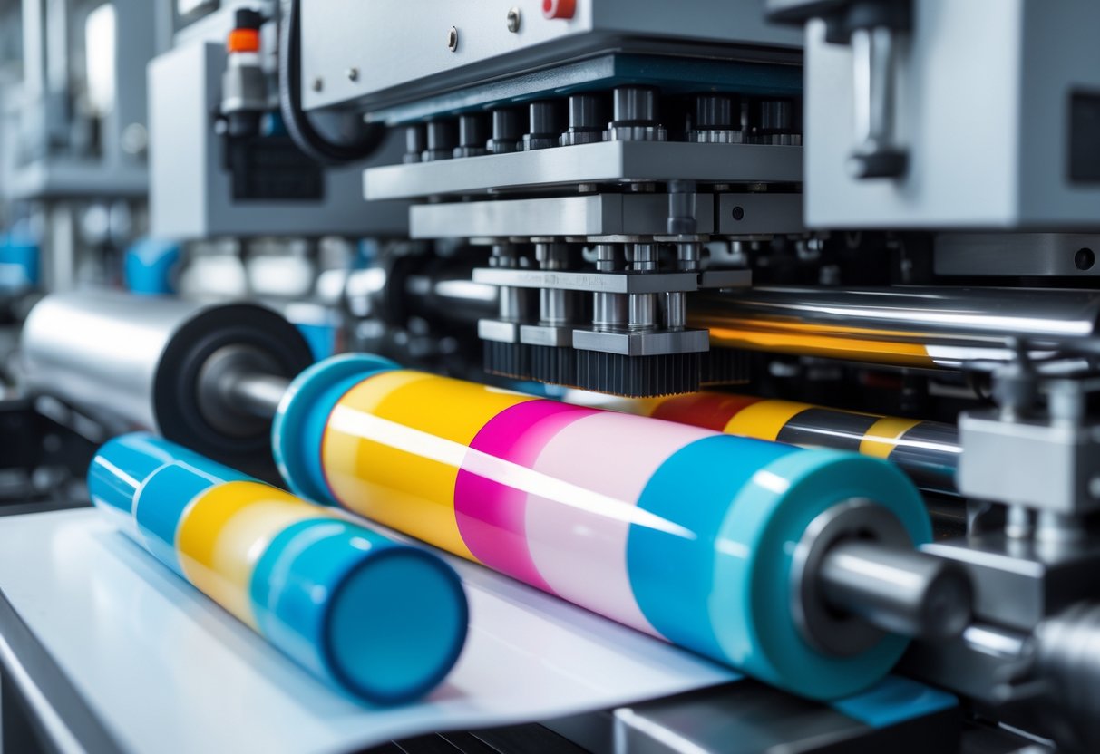 Primer plano de una máquina de impresión que aplica tinta colorida en tubos cosméticos en un entorno industrial limpio.