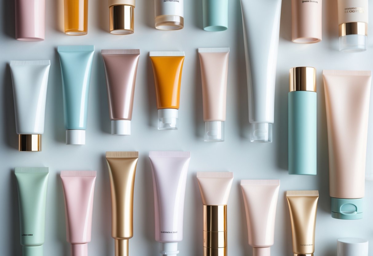 A collection of different cosmetic tubes in various shapes, sizes, and colors arranged on a white surface.