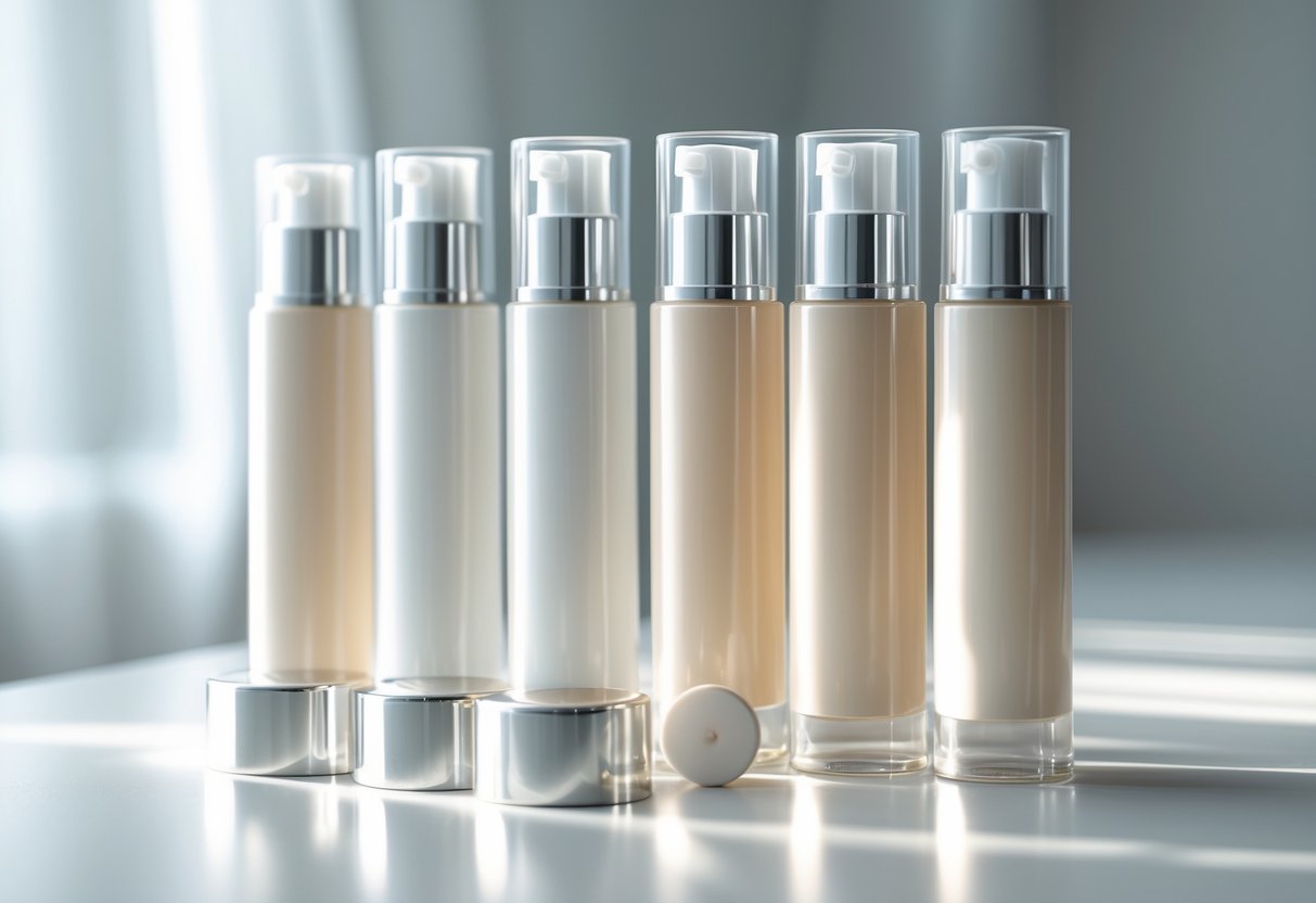 Vários tubos cosméticos elegantes e sem ar com dispensadores dispostos em uma superfície branca.