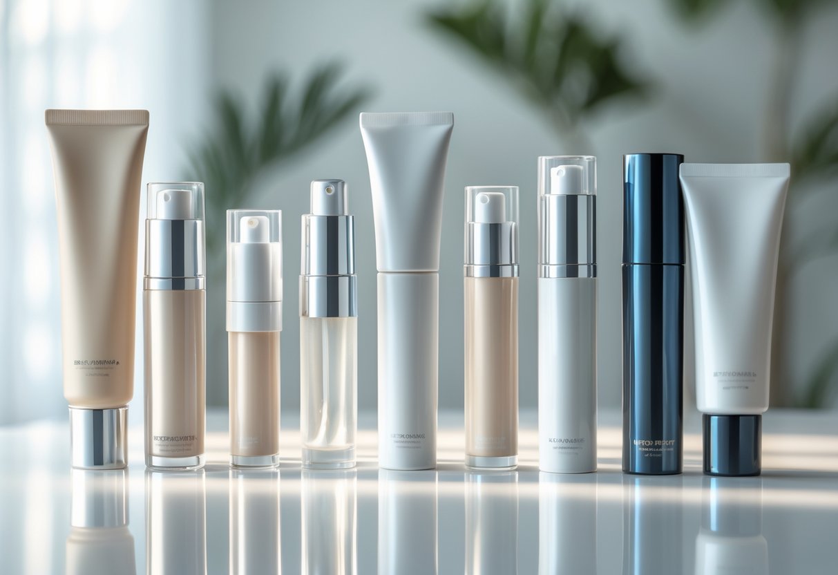 Um grupo de tubos cosméticos airless dispostos sobre uma superfície branca com iluminação suave, destacando seu design elegante e mecanismos de bomba.