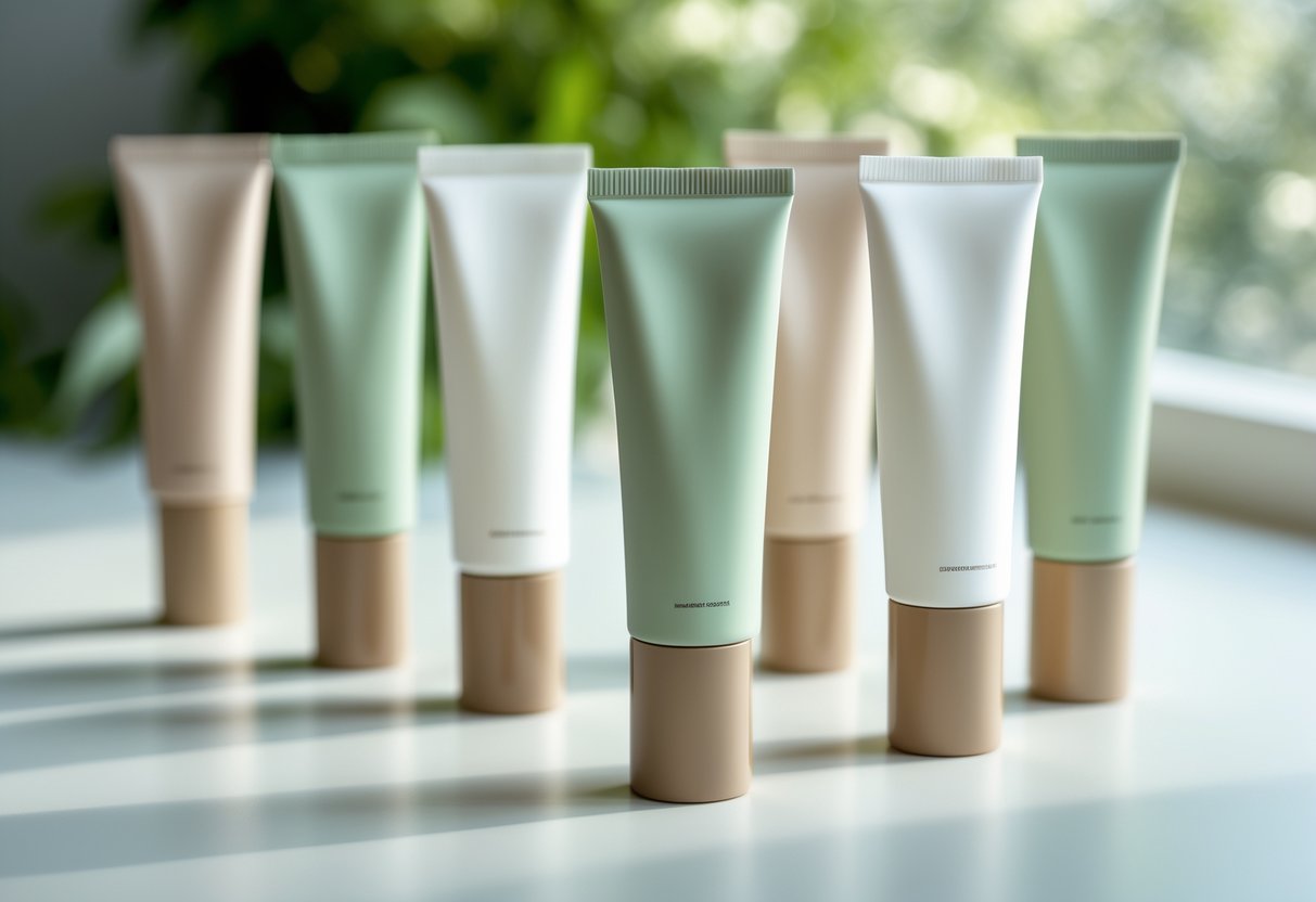 Close-up de vários tubos cosméticos airless ecológicos dispostos em uma superfície branca com iluminação natural e vegetação desfocada no fundo.